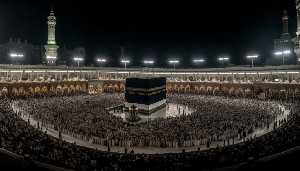"Kaaba, Mecca, Saudi Arabia – the holiest site in Islam, located in Masjid al-Haram, towards which Muslims face during prayer (Qibla), and a central point for Hajj rituals.